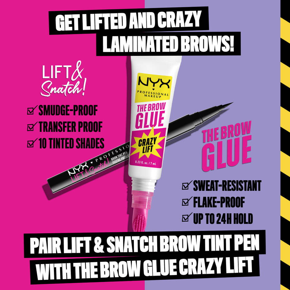NYX The Brow Glue Crazy Lift with Lift and Snatch Brow Tint Pen on promotional background