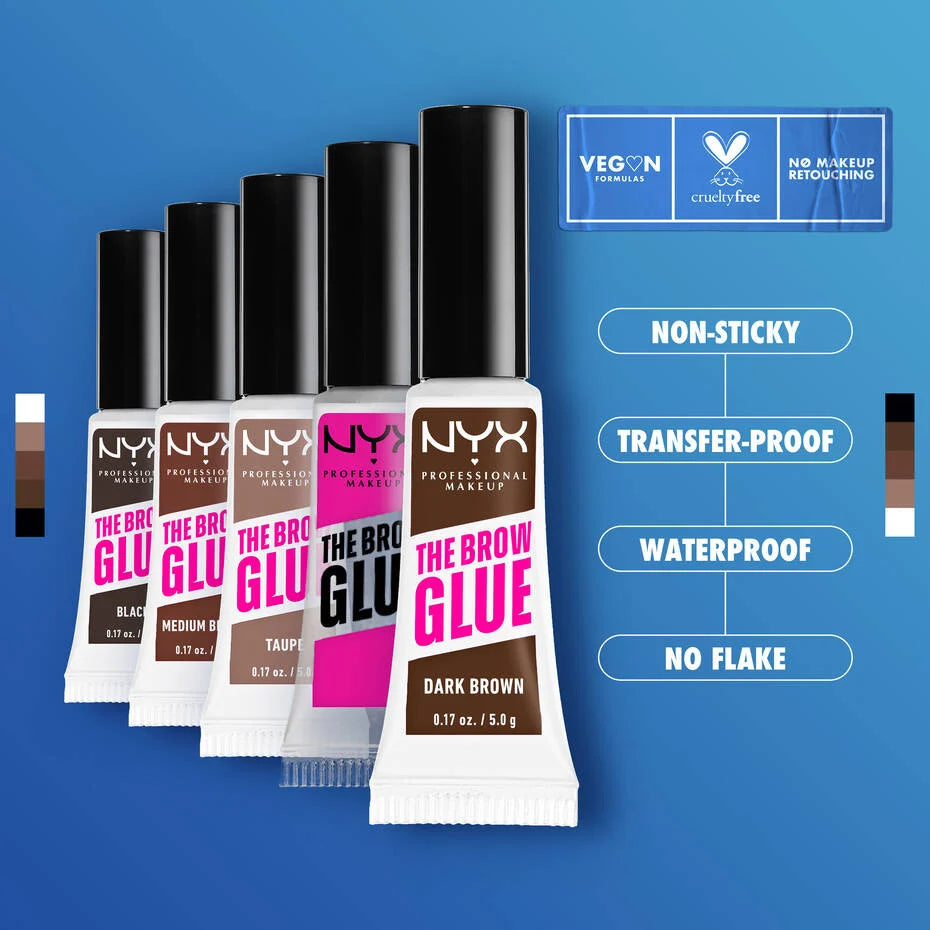 NYX The Brow Glue tinted shades on blue background with product benefits