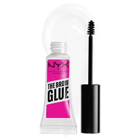 NYX The Brow Glue tube with applicator and clear gel swatch on white background