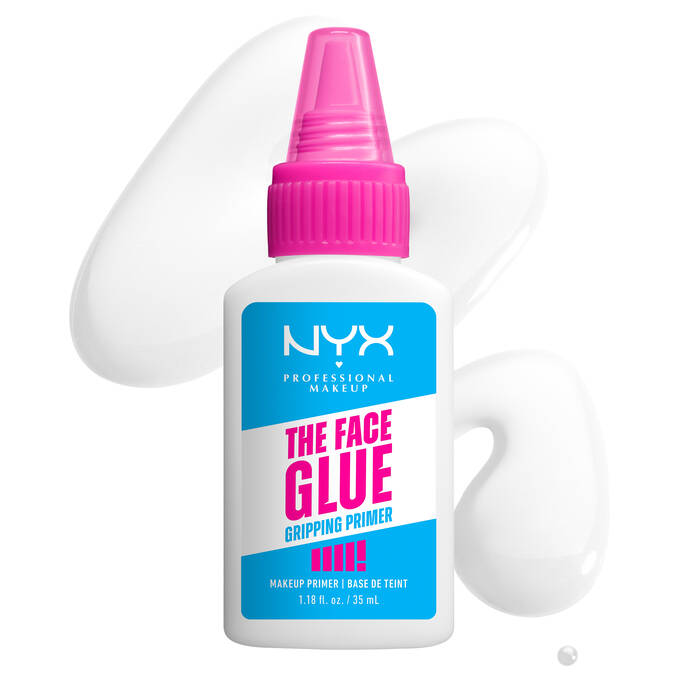NYX The Face Glue Gripping Primer bottle with pink cap on white background