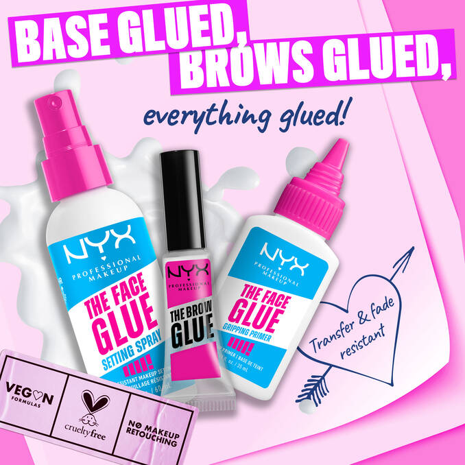 NYX The Face Glue primer and setting spray with Brow Glue on pink background