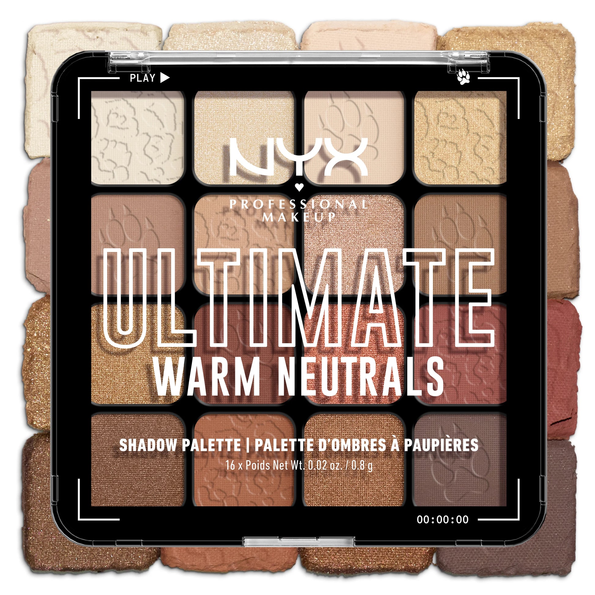 NYX Ultimate Warm Neutrals eyeshadow palette with 16 brown and nude shades