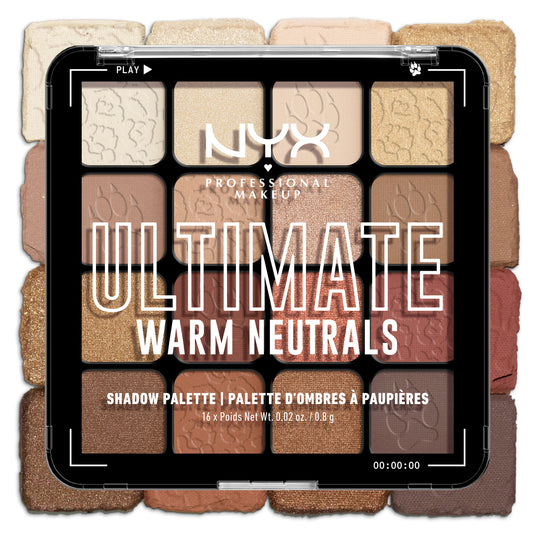 NYX Ultimate Warm Neutrals eyeshadow palette with 16 brown and nude shades