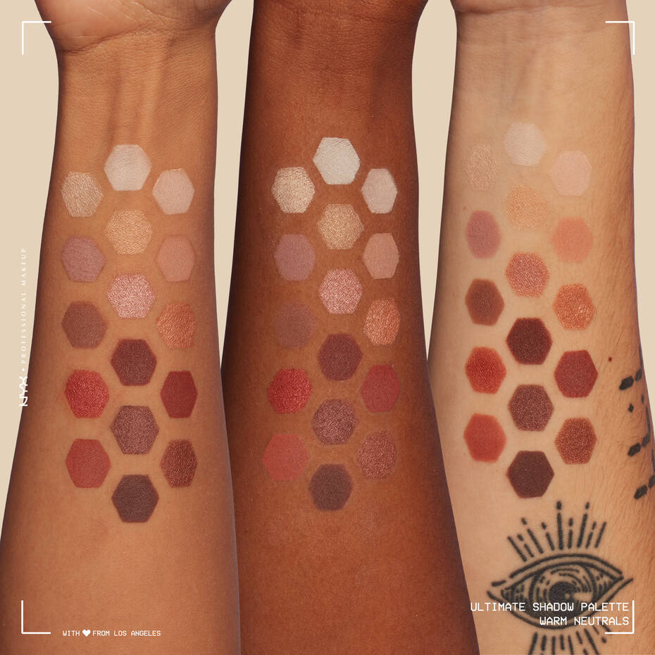 NYX Ultimate Warm Neutrals eyeshadow swatches on different skin tones