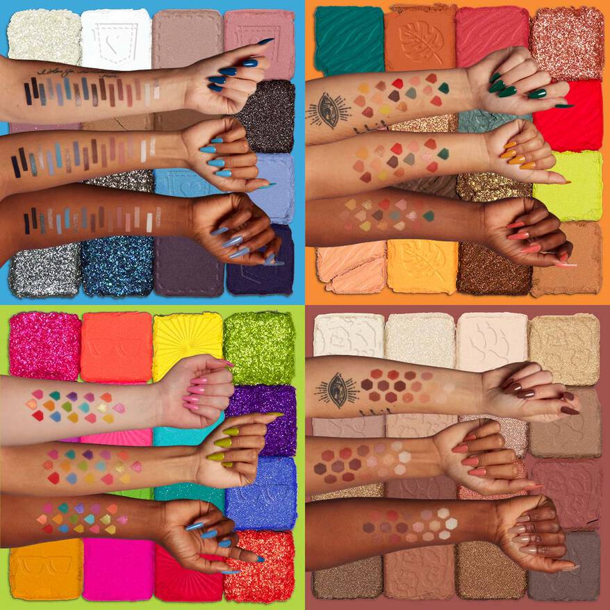 NYX Ultimate eyeshadow palette swatches on arms with colorful background
