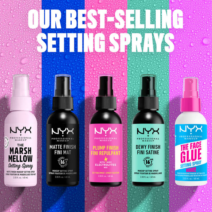 NYX setting sprays collection including The Face Glue spray