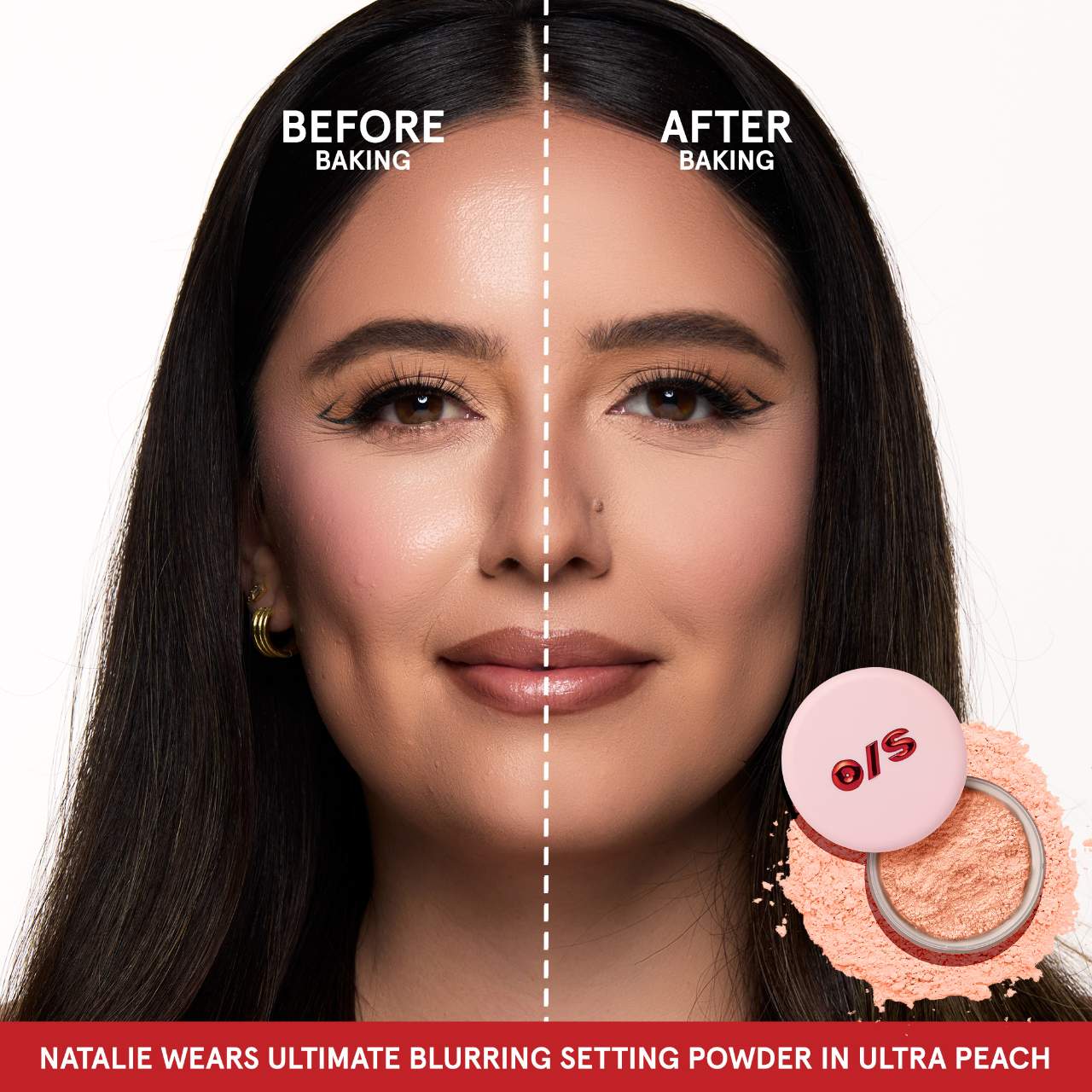 ONE/SIZE Ultimate Blurring Setting Powder before and after baking on model skin