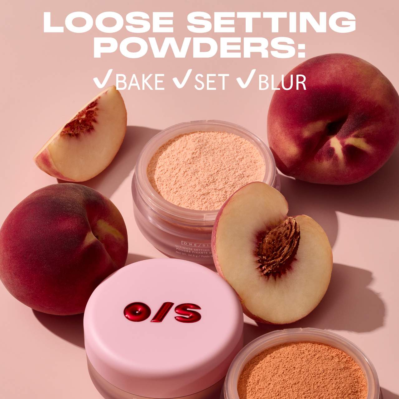 ONE/SIZE Ultimate Blurring Setting Powder loose powders with peaches on pink background
