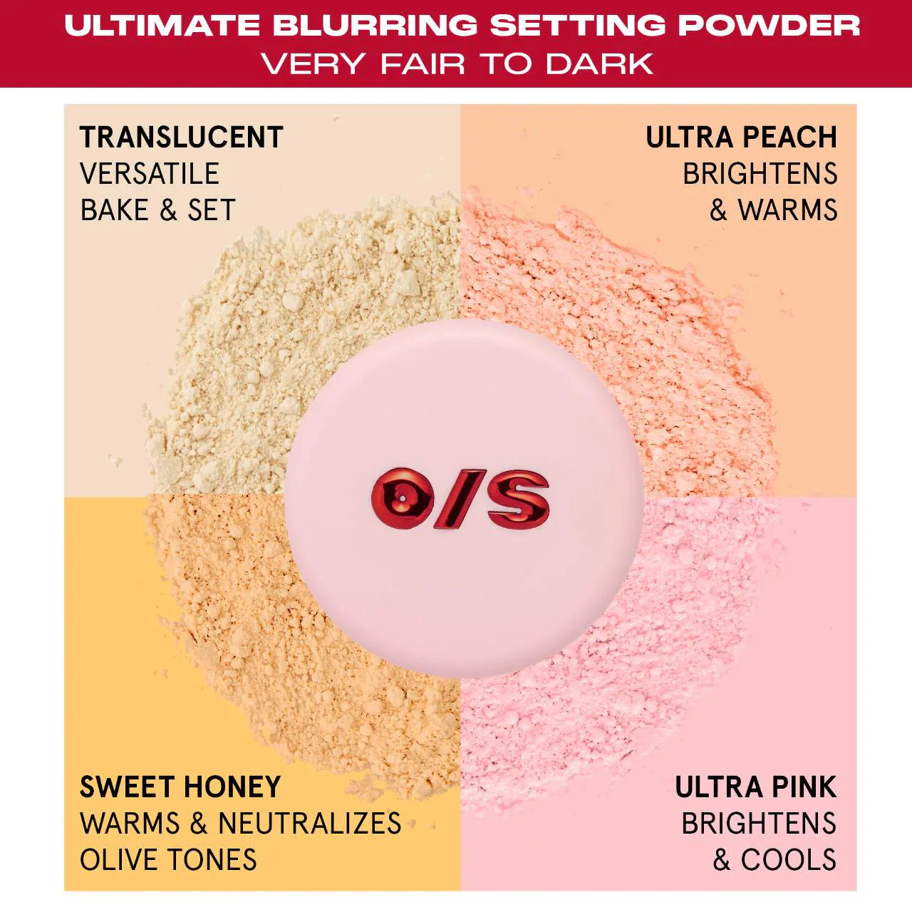 ONE/SIZE Ultimate Blurring Setting Powder shade comparison chart for fair to dark skin tones