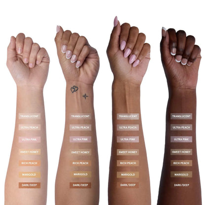 ONE/SIZE Ultimate Blurring Setting Powder shade guide swatches on multiple skin tones