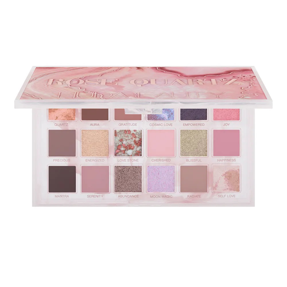 Open HUDA BEAUTY Rose Quartz Eyeshadow Palette featuring 18 matte, metallic and shimmer shades.