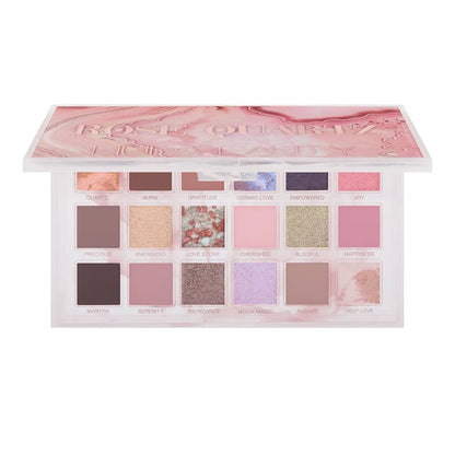 Open HUDA BEAUTY Rose Quartz Eyeshadow Palette featuring 18 matte, metallic and shimmer shades.