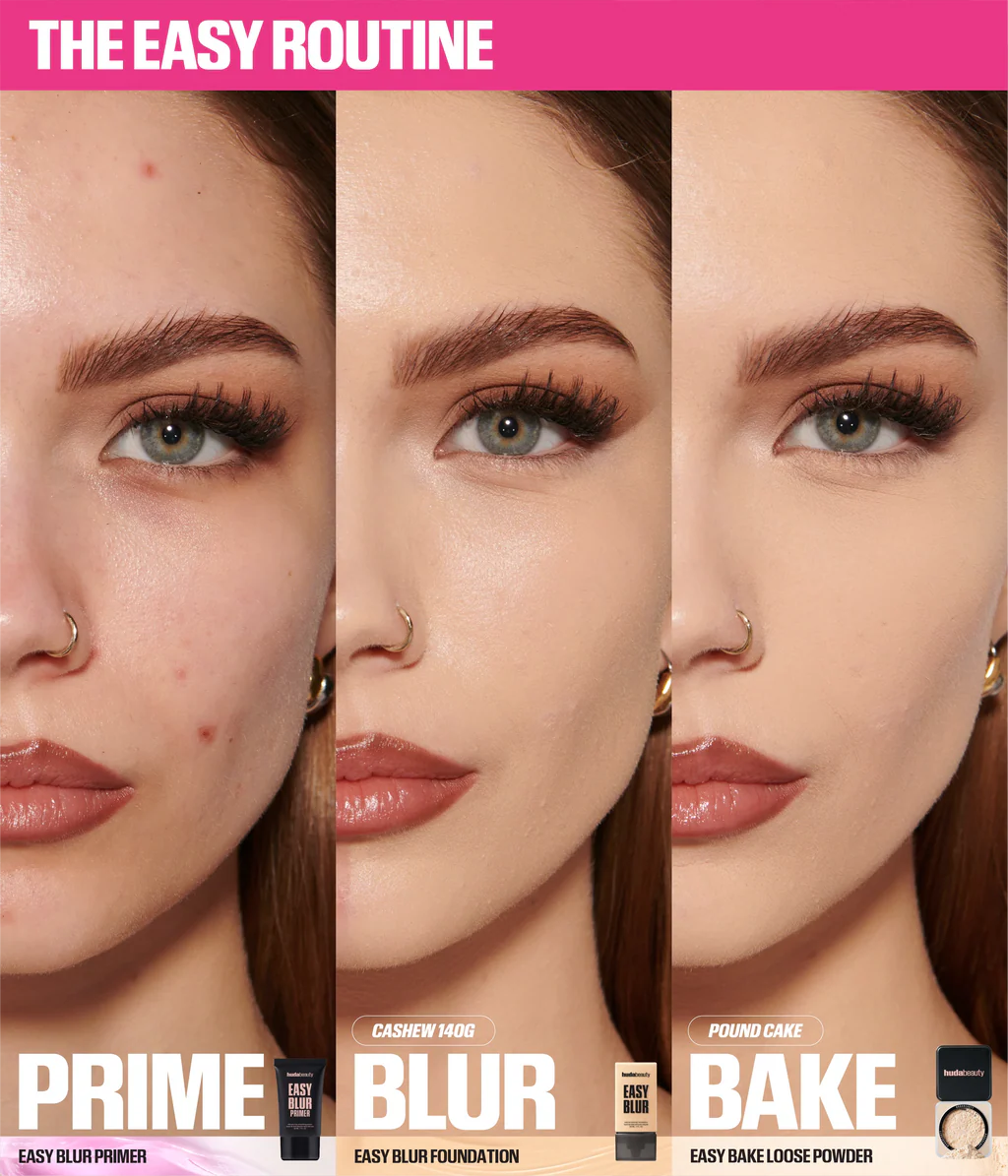 HUDA BEAUTY Easy Blur Foundation natural airbrush finish before and after
