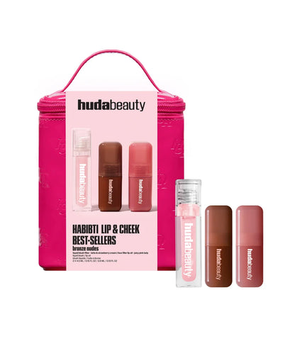 1. Full-size Huda Beauty Habibti Lip and Cheek Kit with pink makeup bag