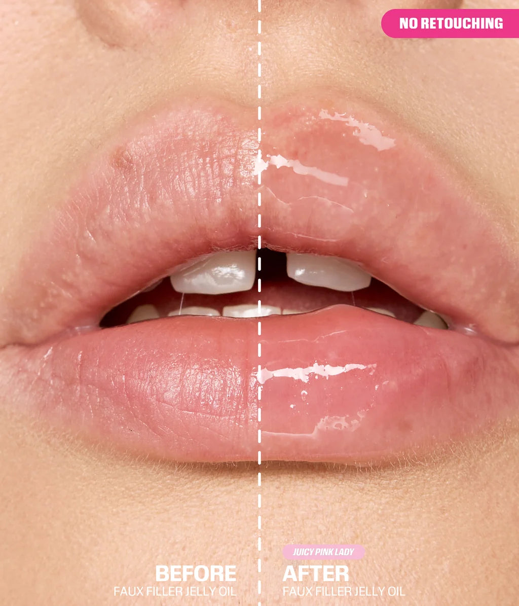 Before and after Huda Beauty Faux Filler Jelly Oil in Juicy Pink Lady