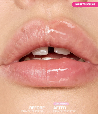 Before and after Huda Beauty Faux Filler Jelly Oil in Juicy Pink Lady