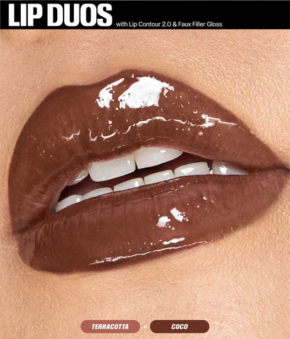 Close-up of glossy brown lips wearing Huda Beauty Terracotta lip liner and Coco Faux Filler gloss