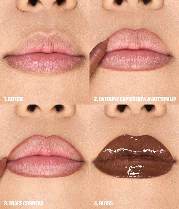 Huda Beauty Juicy Coco Lip Duo application steps: bare lips, overline Cupid’s bow and bottom lip, trace corners, apply gloss