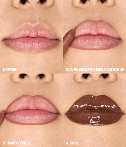 Huda Beauty Juicy Coco Lip Duo application steps: bare lips, overline Cupid’s bow and bottom lip, trace corners, apply gloss