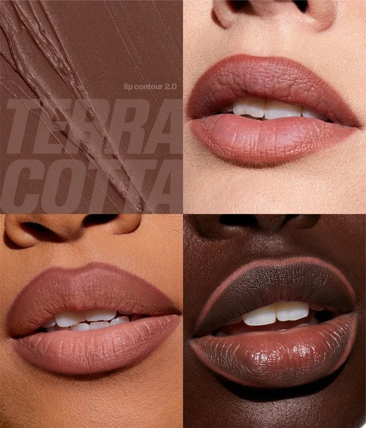 Huda Beauty Lip Contour 2.0 in Terracotta shown on three skin tones with a close-up texture swatch