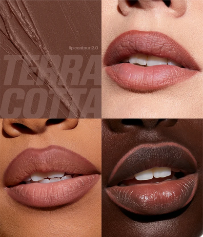 Huda Beauty Lip Contour 2.0 in Terracotta shown on three skin tones with a close-up texture swatch