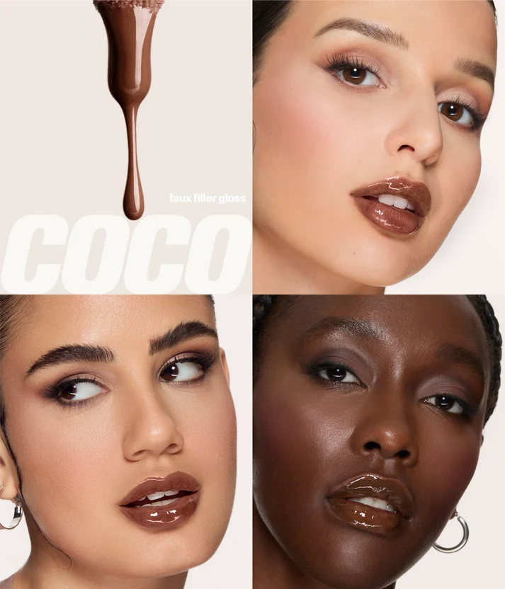 Huda Beauty Faux Filler Lip Gloss in Coco shown on three skin tones alongside a brown gloss texture swatch