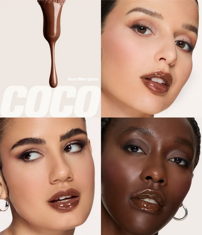 Huda Beauty Faux Filler Lip Gloss in Coco shown on three skin tones alongside a brown gloss texture swatch