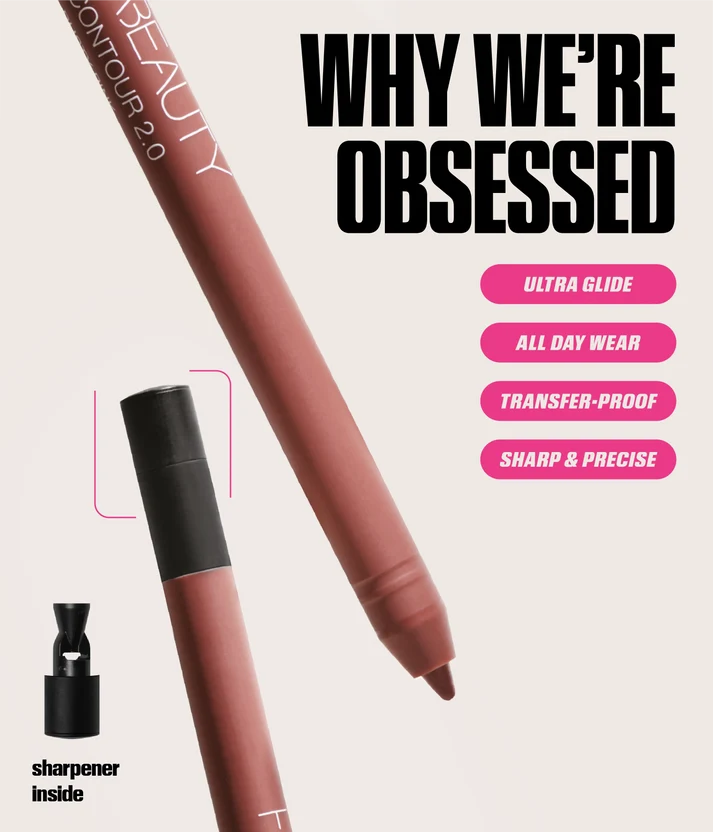 Huda Beauty Lip Contour 2.0 liner with built-in sharpener, highlighting smooth glide, all-day wear and precise application