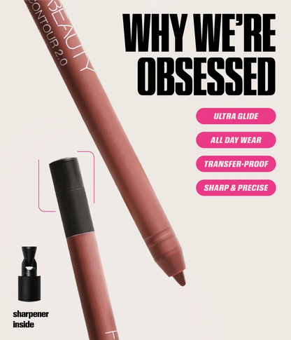 Huda Beauty Lip Contour 2.0 liner with built-in sharpener, highlighting smooth glide, all-day wear and precise application