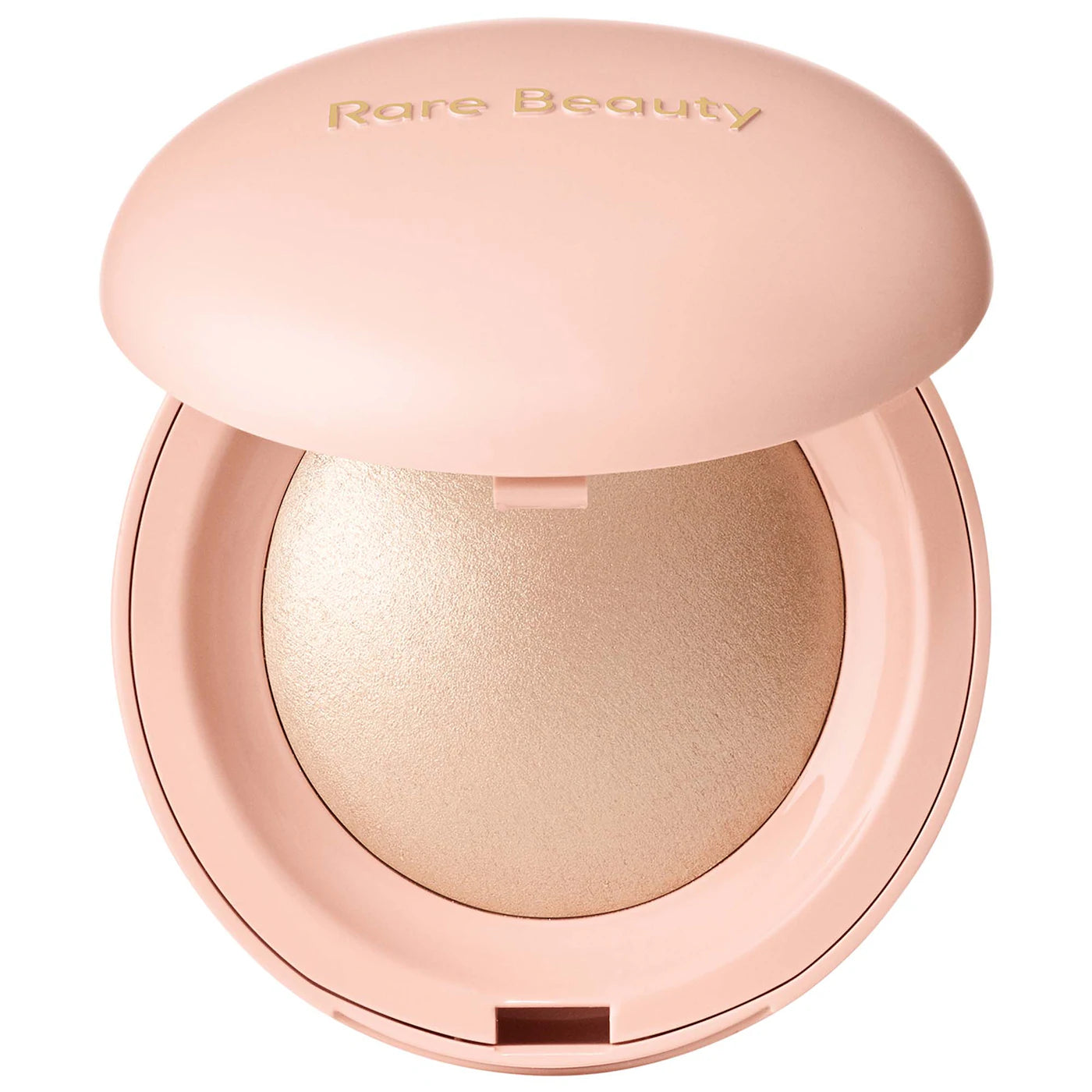 Rare Beauty Positive Light Silky Touch Highlighter compact in Exhilarate champagne gold on white background