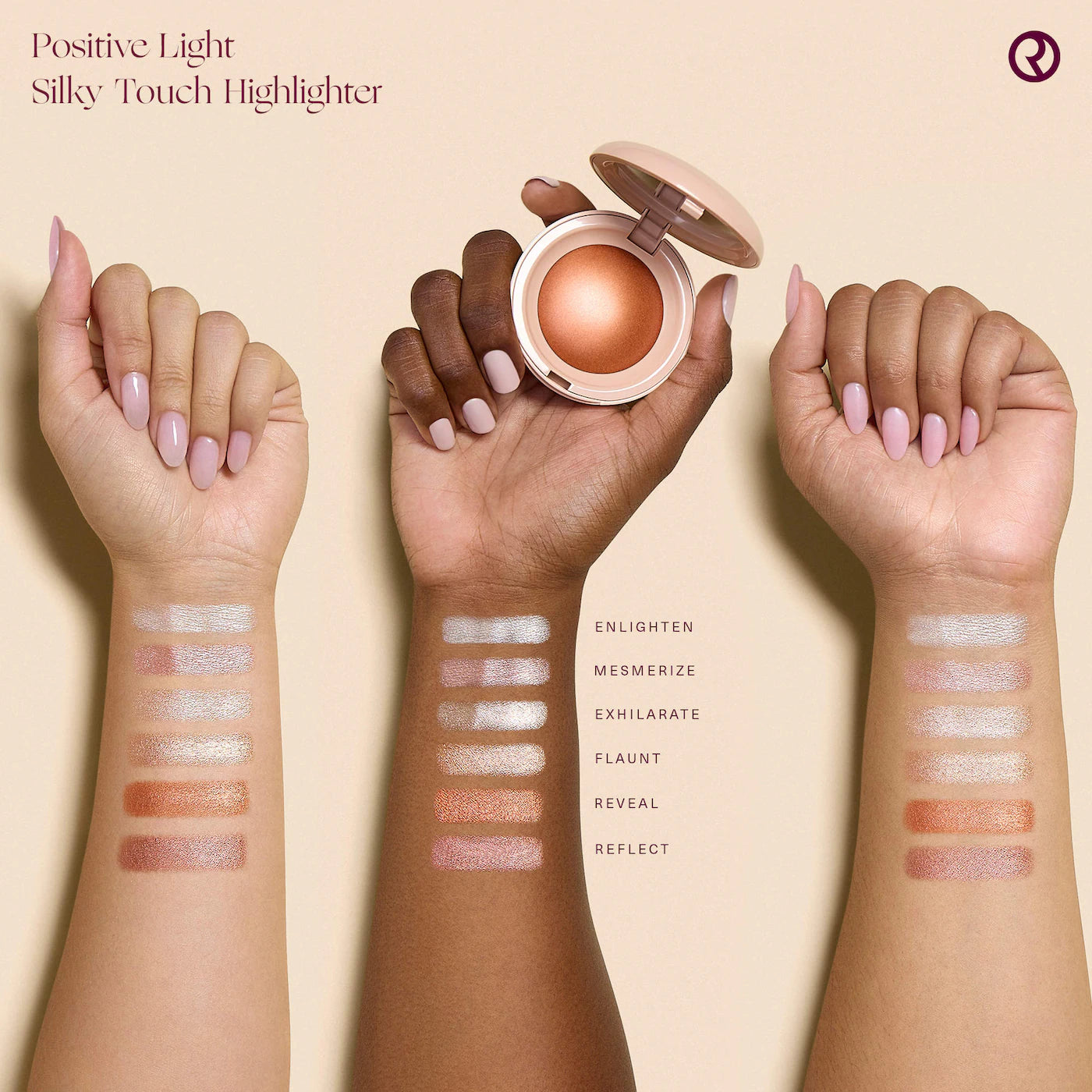 Rare Beauty Positive Light Silky Touch Highlighter swatches on different skin tones