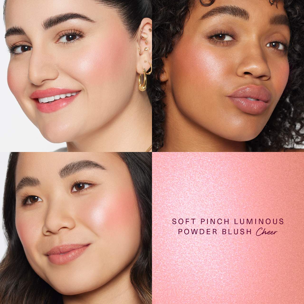 Rare Beauty Soft Pinch Luminous Powder Blush radiant finish shown on different models
