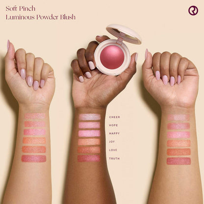 Rare Beauty Soft Pinch Luminous Powder Blush swatches on different skin tones