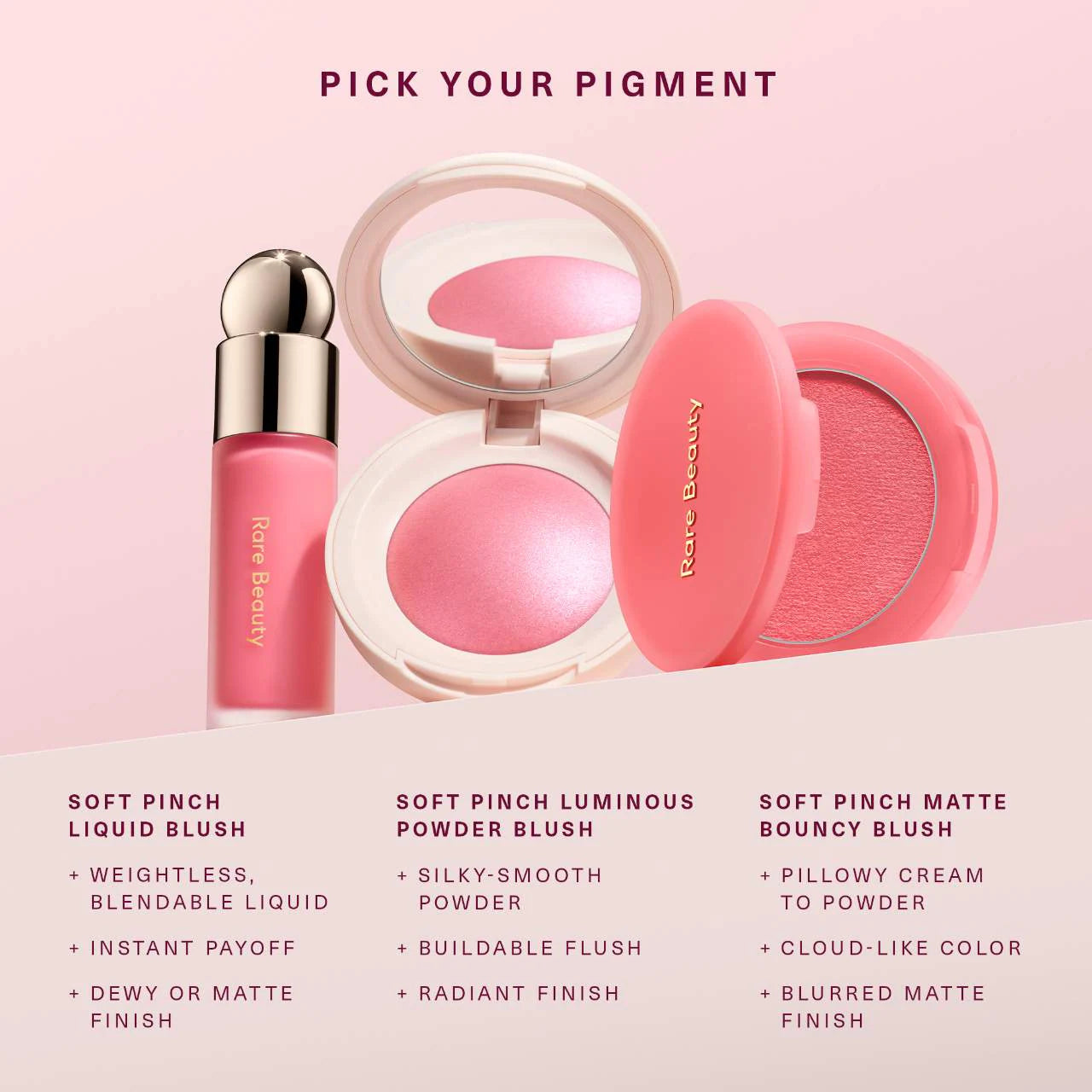 Rare Beauty blush guide comparing liquid blush, luminous powder blush, and matte bouncy blush