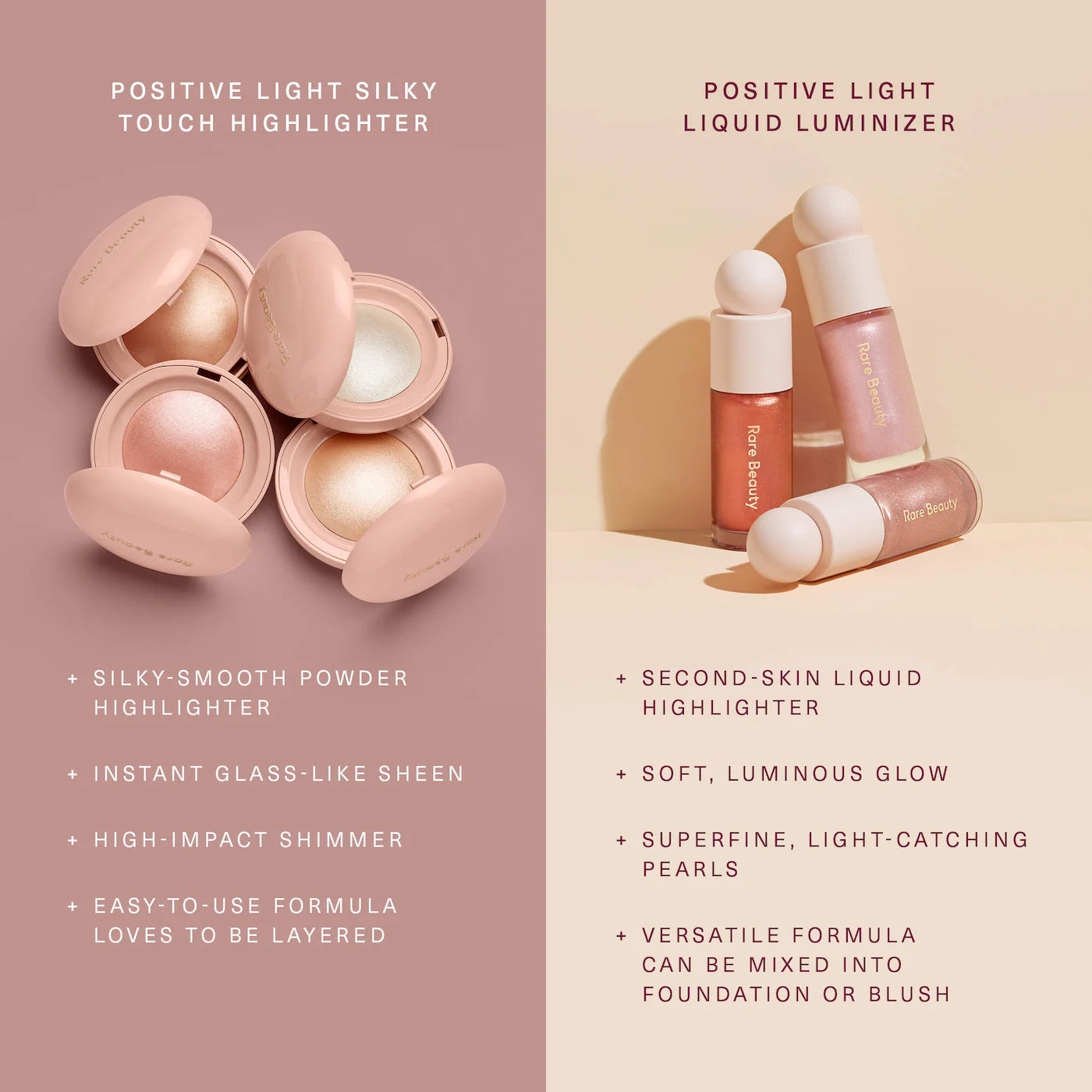 Rare Beauty highlighter guide comparing Silky Touch Highlighter and Liquid Luminizer