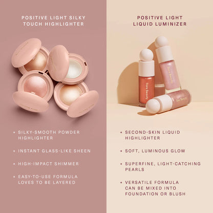 Rare Beauty highlighter guide comparing Silky Touch Highlighter and Liquid Luminizer