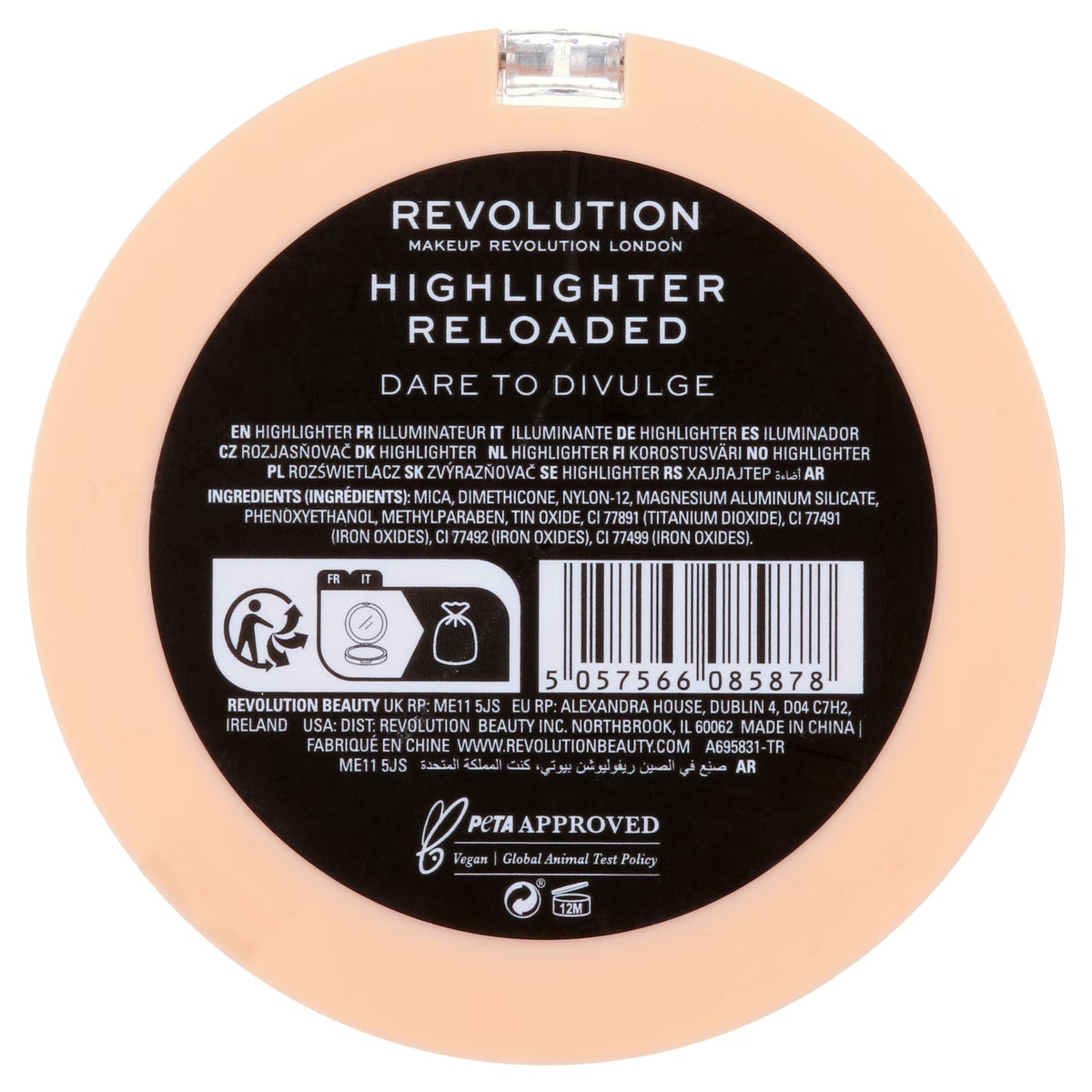 Revolution Reloaded Highlighter Dare To Divulge back packaging and ingredients