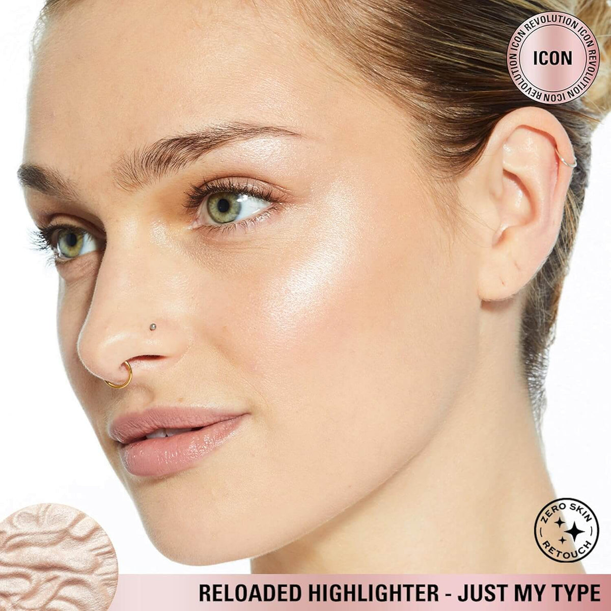 Revolution Reloaded Highlighter Just My Type pale gold glow on model
