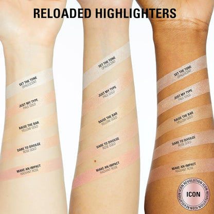 Revolution Reloaded Highlighter swatches on three skin tones in five luminous shades