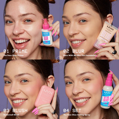 Step-by-step makeup routine using NYX The Face Glue primer and setting spray
