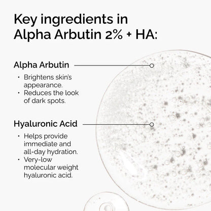 صورة توضيحية للمكونات الرئيسية في The Ordinary Alpha Arbutin 2% + HA وفوائدها للبشرة