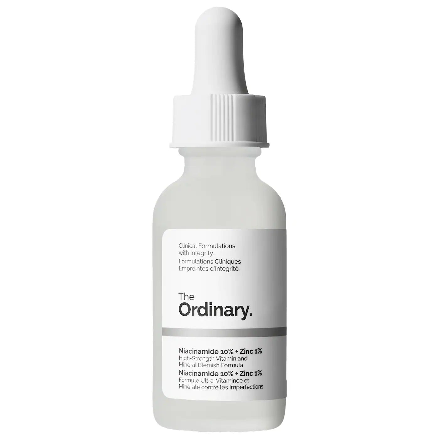 سيروم The Ordinary Niacinamide 10% + Zinc 1% بعبوة قطارة على خلفية بيضاء