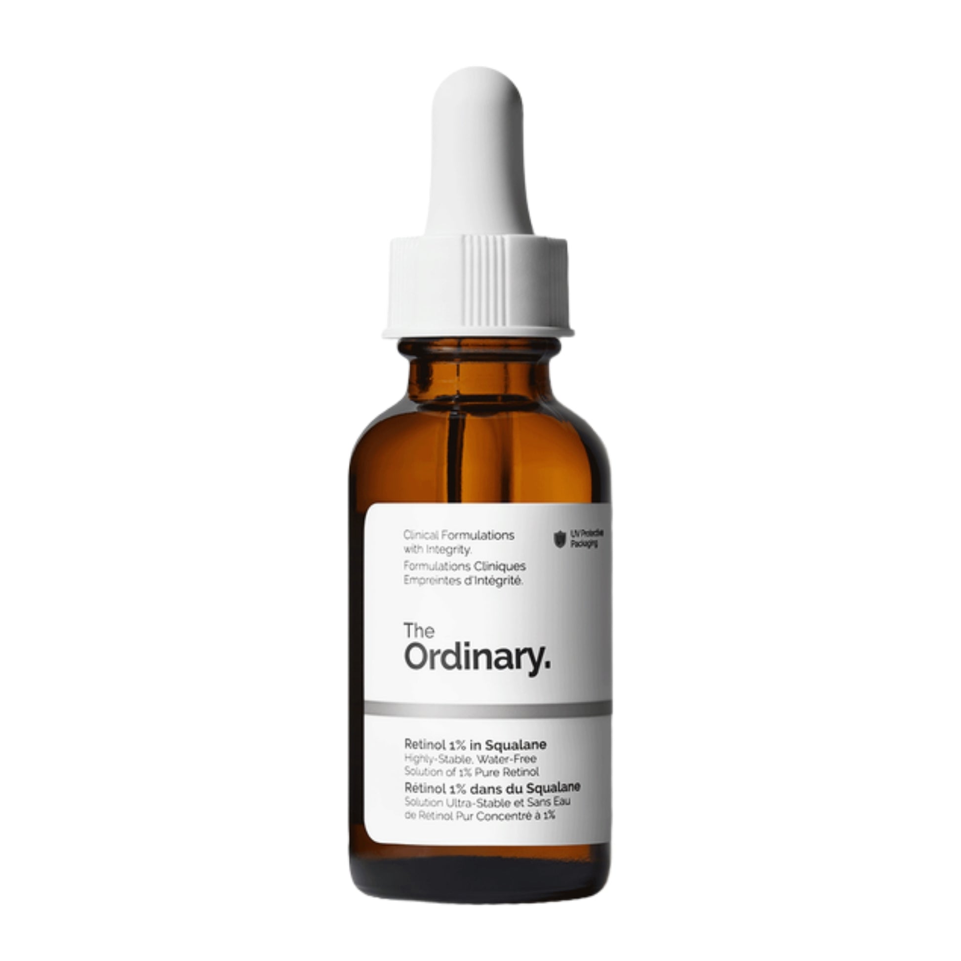 سيروم The Ordinary Retinol 1% in Squalane بعبوة قطارة على خلفية بيضاء