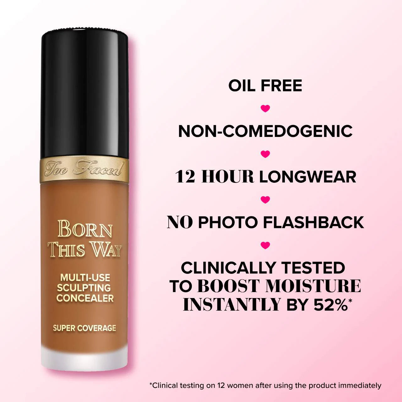 Too Faced Born This Way Super Coverage Concealer benefits including oil free, non-comedogenic, 12 hour longwear, and no photo flashback