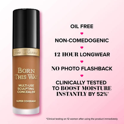 Too Faced Born This Way Super Coverage Concealer benefits including oil free, non-comedogenic, 12 hour longwear, and no photo flashback