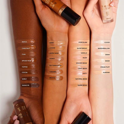 Too Faced Born This Way Super Coverage Concealer shade swatches on different skin tones