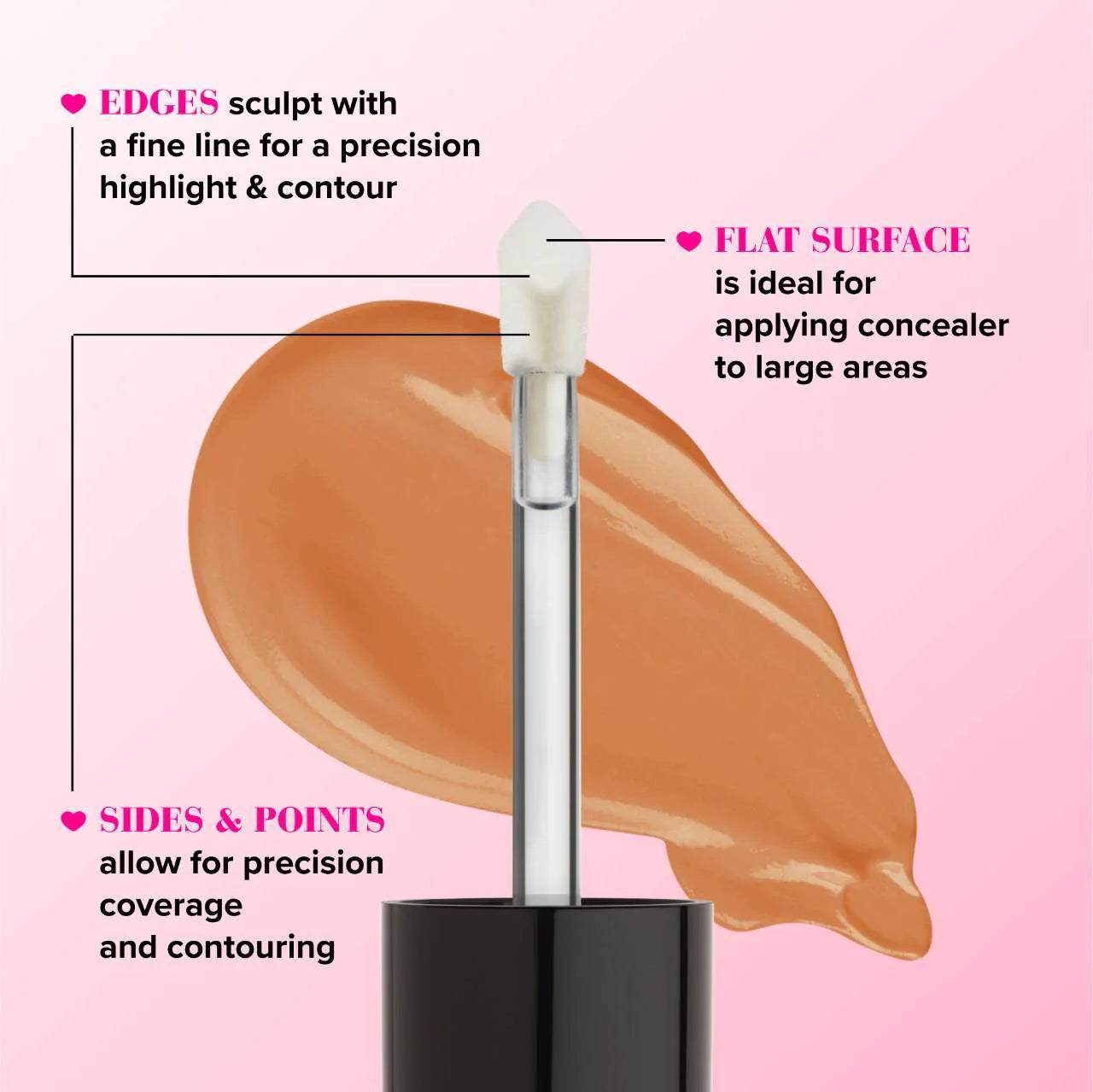 Too Faced Born This Way concealer applicator guide showing flat surface, edges, and pointed sides for precise application