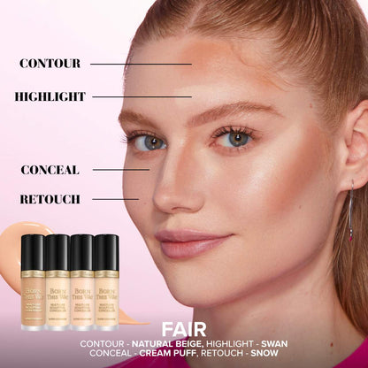 Too Faced Born This Way concealer fair shade guide showing contour, highlight, conceal, and retouch placement on face