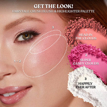Too Faced Fairytale Crush blush and highlighter palette application guide on cheek