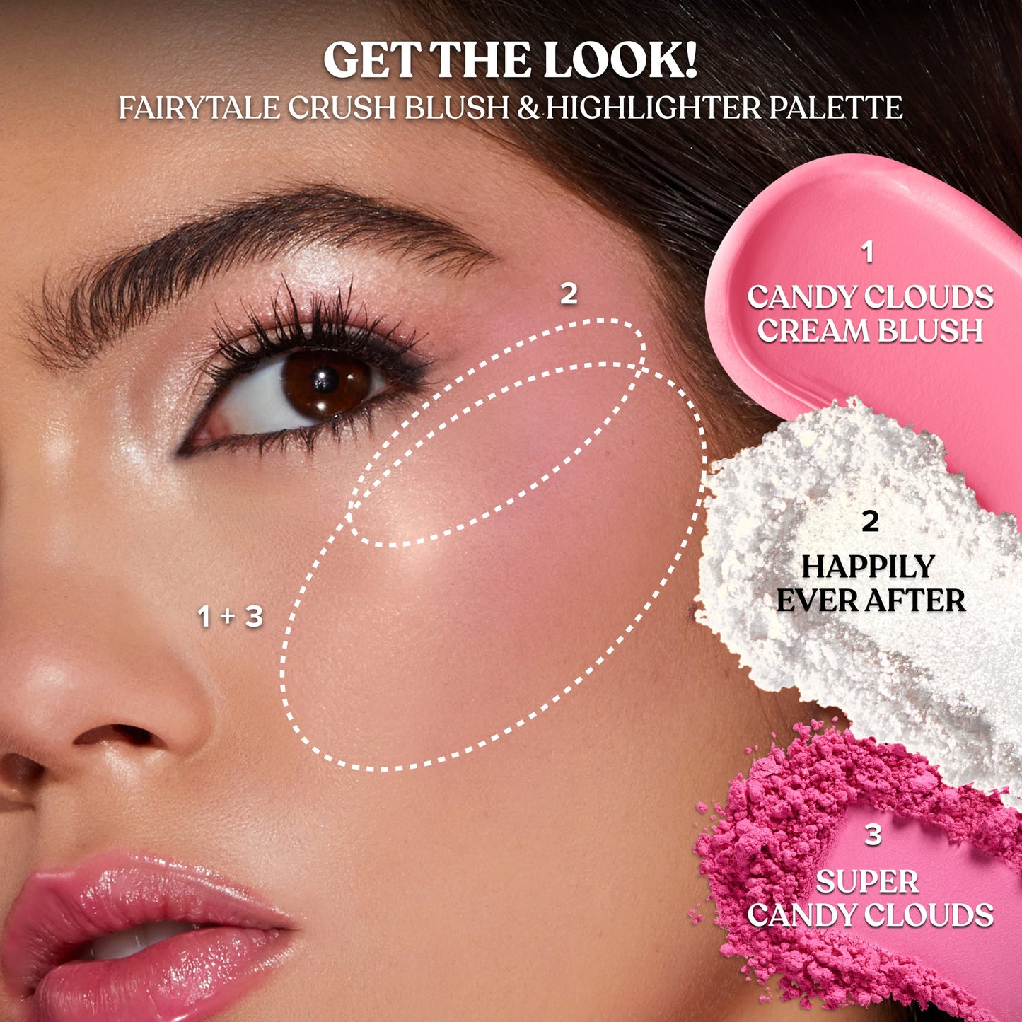 Too Faced Fairytale Crush blush and highlighter palette applied on cheeks with shade placement guide